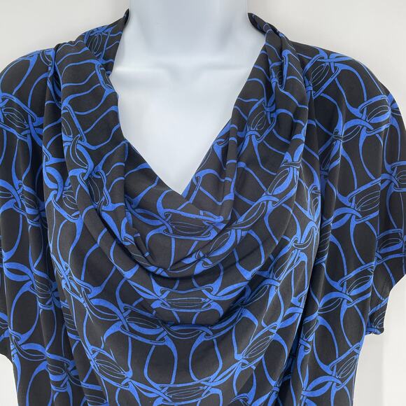 MICHAEL KORS Blue Geometric Draped  Short Sleeve Top M - Picture 2 of 8